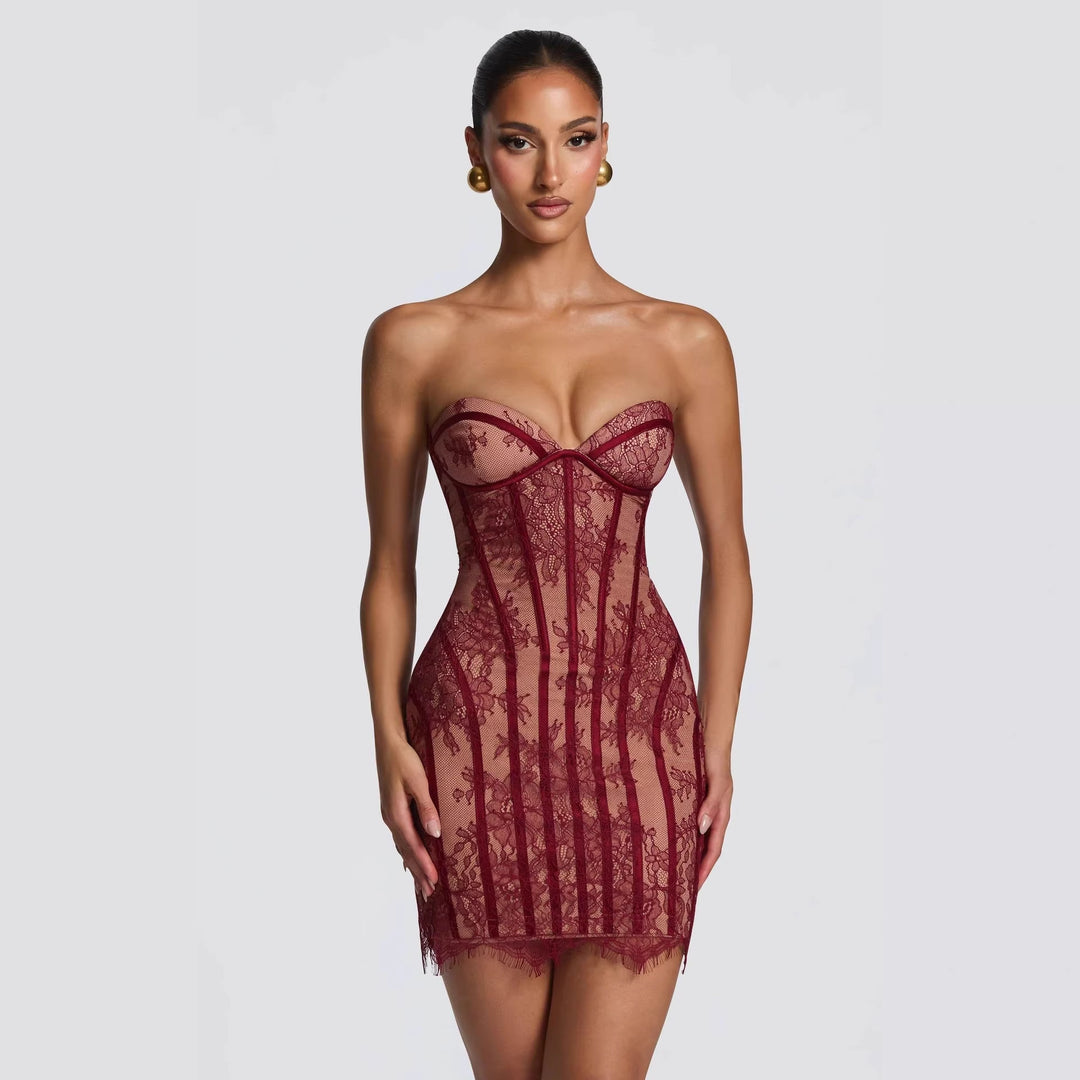 Damen Elegantes Korsettkleid mit Spitzenverzierung und transparenter Optik EB