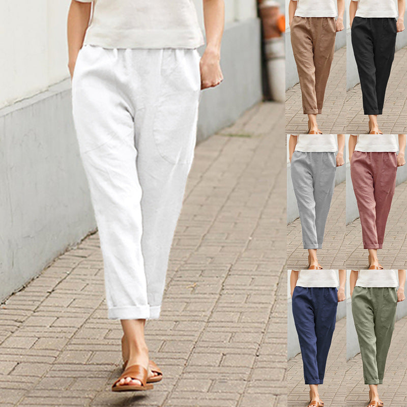 Damen nan legere Leinen-Baumwollhose mit elastischem Bund, aufgesetzten Taschen und konischer Beinform EB