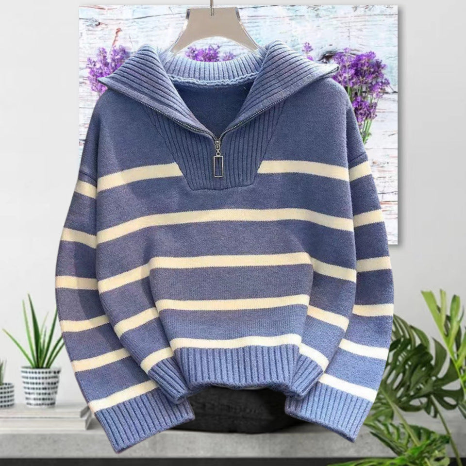 Damen gestreifter Pullover mit hohem Kragen und Reißverschluss EB