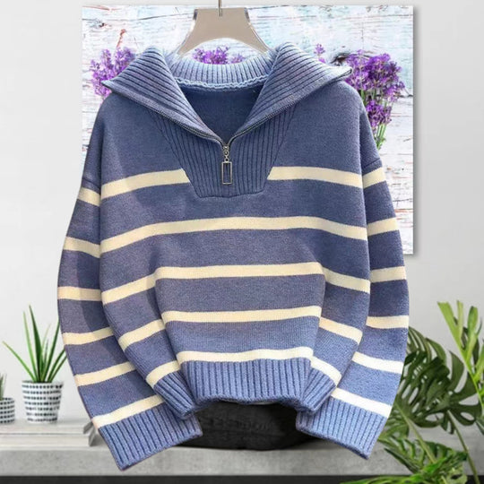 Damen gestreifter Pullover mit hohem Kragen und Reißverschluss EB