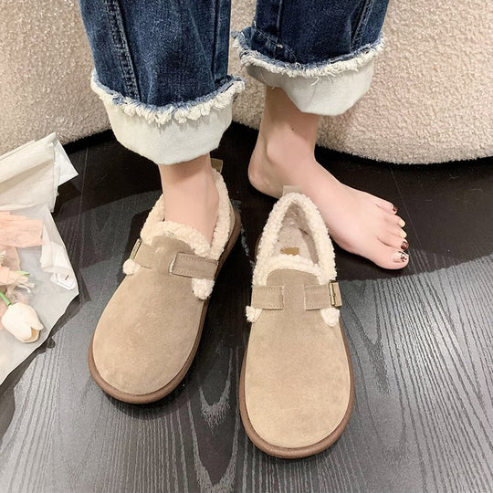 Damen Gefütterte Wildleder‑Optik Hausschuhe-Mules mit Teddyfutter und verstellbarem Riemen EB