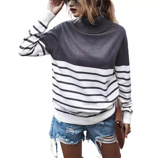 Damen gemütlicher Rollkragenpullover mit Streifenmuster EB