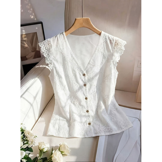 Damen Bluse mit Spitzenärmeln und Knopfdetails EB