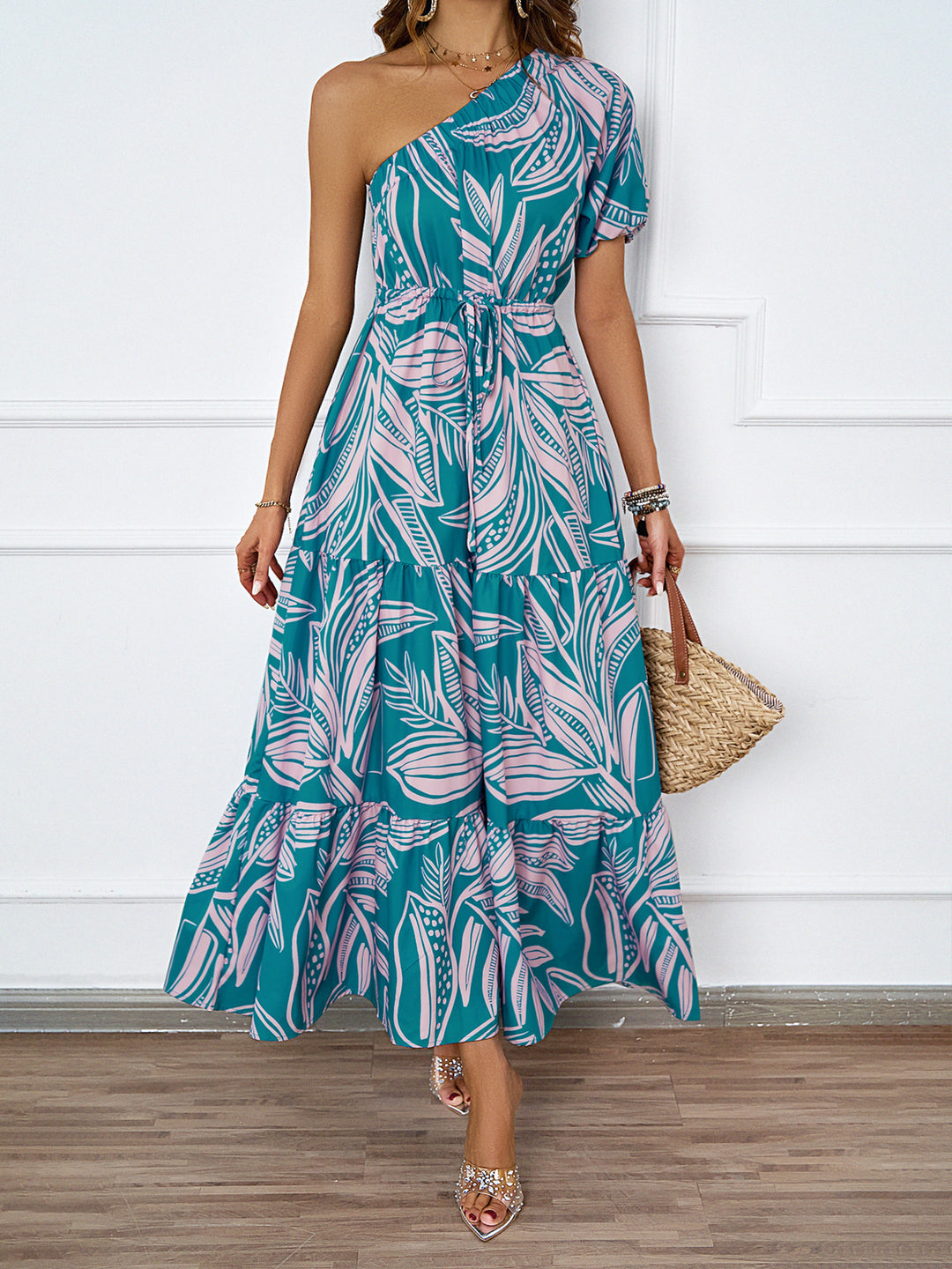 Damen Maxikleid im asymmetrischen Design mit floralem Muster und Wickelgürtel EB