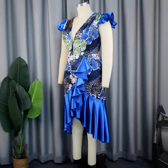 Damen Festliches Kleid mit voluminösem Rüschensaum und tiefem V-Ausschnitt EB