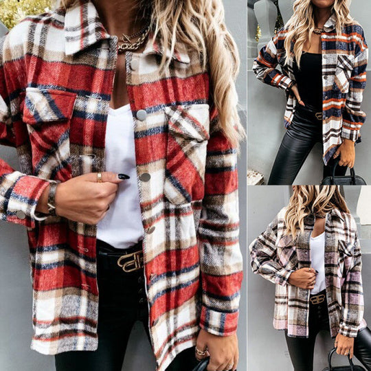 Damen Oversized Karo-Hemdjacke mit Druckknöpfen und aufgesetzten Brusttaschen EB