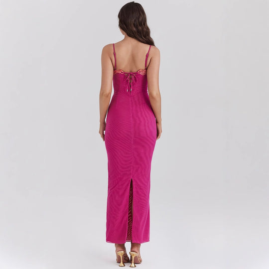 Damen figurbetontes Maxikleid mit transparentem Saum und romantischem Spitzenakzent EB