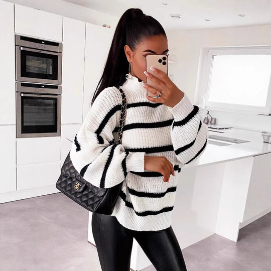 Damen gestreifter Oversized-Pullover mit modischem Rollkragen EB