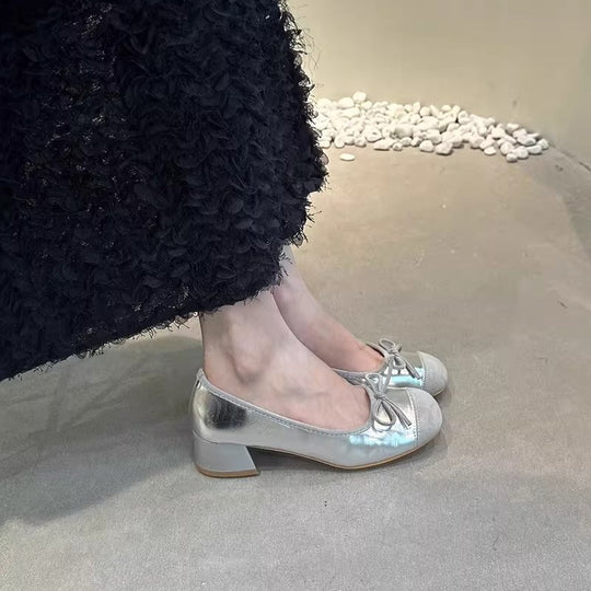 Damen elegante Ballerina-Schuhe mit glänzender Oberfläche und komfortablem Blockabsatz EB