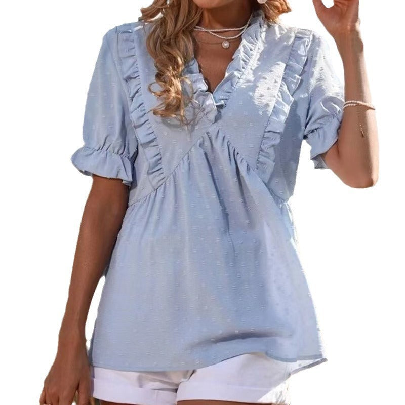 Damen elegantes Sommeroberteil mit Rüschendetails und V-Ausschnitt EB