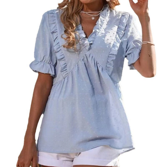 Damen elegantes Sommeroberteil mit Rüschendetails und V-Ausschnitt EB