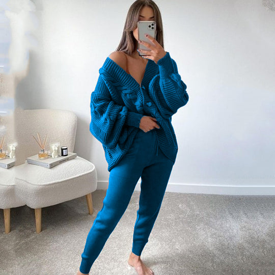 Damen nan kuscheliges Oversize Strickset bestehend aus Zopfmuster Cardigan und taillierter Strick-Jogginghose EB