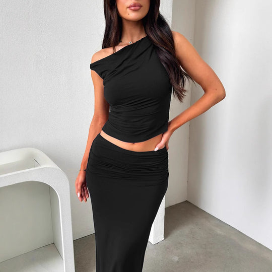 Damen Set aus schulterfreiem Top und Maxi-Rock in gerafftem Design EB