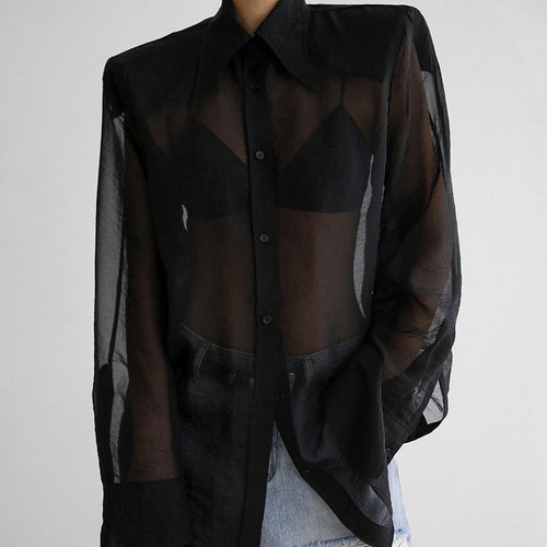 Damen Übergröße Hemdbluse mit asymmetrischem Design und transparenten Ärmeln EB