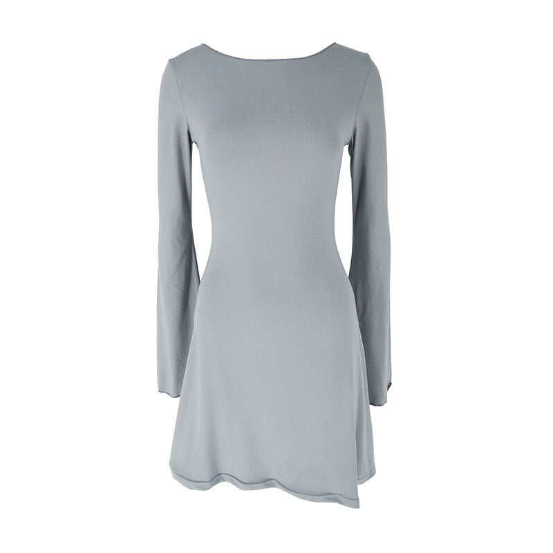 Damen elegantes Langarmkleid mit asymmetrischem Saum und fließendem Schnitt EB
