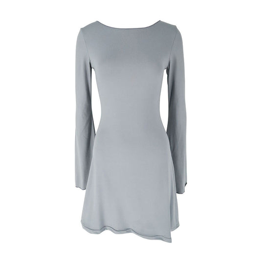 Damen elegantes Langarmkleid mit asymmetrischem Saum und fließendem Schnitt EB