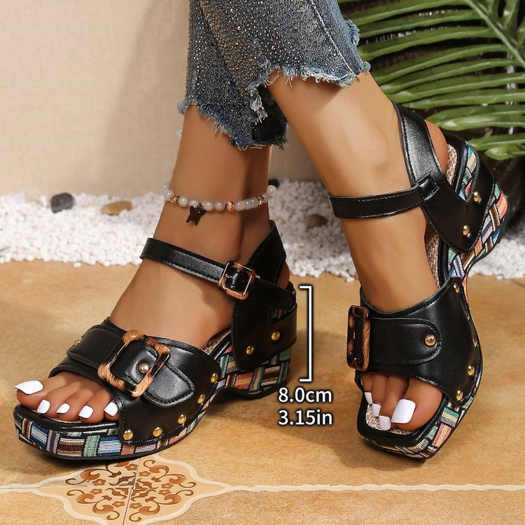 Damen Plateau-Sandalen mit modischem Animal-Print und verstellbarem Riemen EB