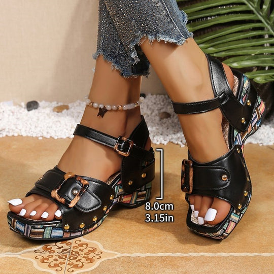 Damen Plateau-Sandalen mit modischem Animal-Print und verstellbarem Riemen EB