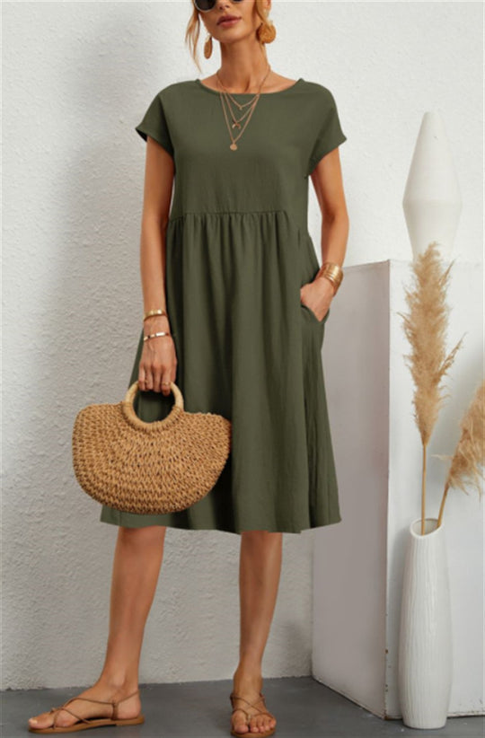 Damen Freizeitleinenkleid mit leichtem Schnitt und Taschen EB