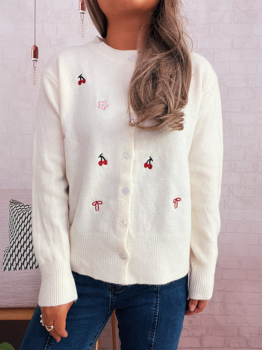 Damen Strickjacke mit liebevollem Blumen- und Kirschdesign EB