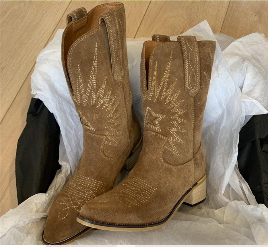 Damen nan Wildleder Westernstiefel mit spitzer Kappe und mittelhohem Blockabsatz EB