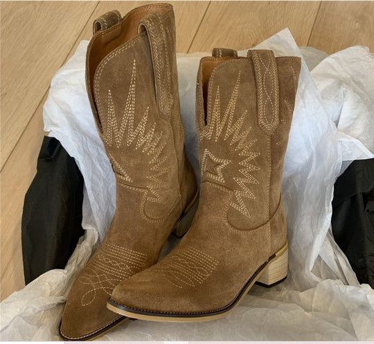 Damen nan Wildleder Westernstiefel mit spitzer Kappe und mittelhohem Blockabsatz EB