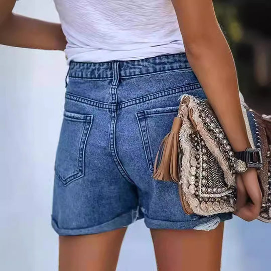 Damen Sommerliche Destroyed Jeansshorts mit umgeschlagenem Saum EB