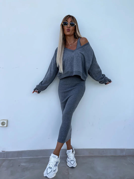 Damen nan zweiteiliges Midirock-Set mit off-shoulder Oversize-Sweatshirt und figurbetontem Bleistiftrock EB