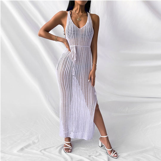 Damen gehäkeltes Maxikleid mit tiefem V-Ausschnitt und seitlichem Schlitz EB