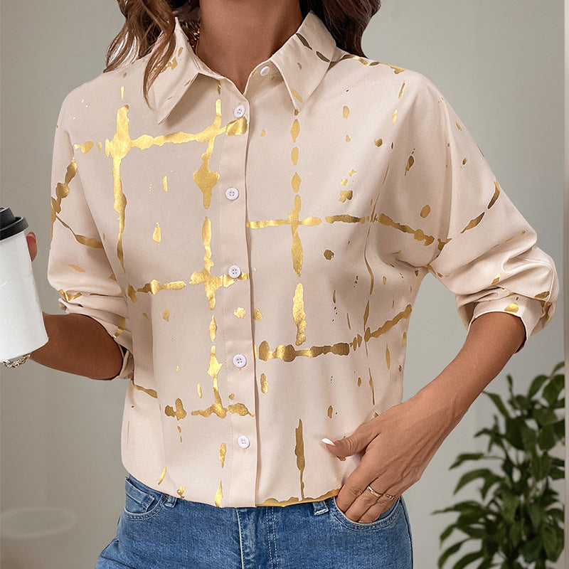Damen Elegante Langarm-Bluse mit Gold-Folienprint, Hemdkragen und lockerem Schnitt EB