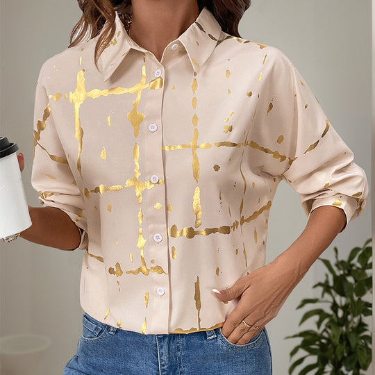 Damen Elegante Langarm-Bluse mit Gold-Folienprint, Hemdkragen und lockerem Schnitt EB