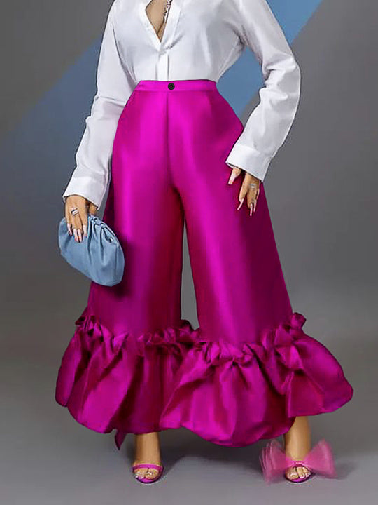 Damen Weite Satinhose mit Rüschenabschluss EB