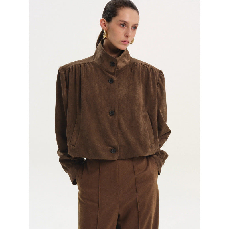Damen elegante Jacke mit strukturierten Puffärmeln und Knopfdetail EB