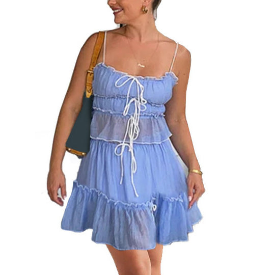 Damen luftiges Wickelkleid mit Rüschendetails und Kontrastbändern EB