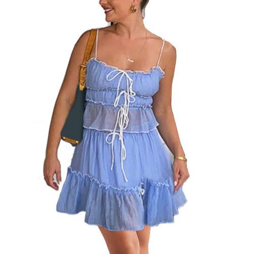 Damen luftiges Wickelkleid mit Rüschendetails und Kontrastbändern EB