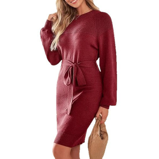 Damen Strickkleid mit Taillengürtel und langen Ärmeln EB