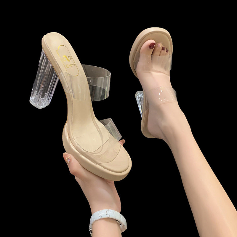 Damen elegante Plateau-Pumps mit transparentem Obermaterial und schickem Blockabsatz EB