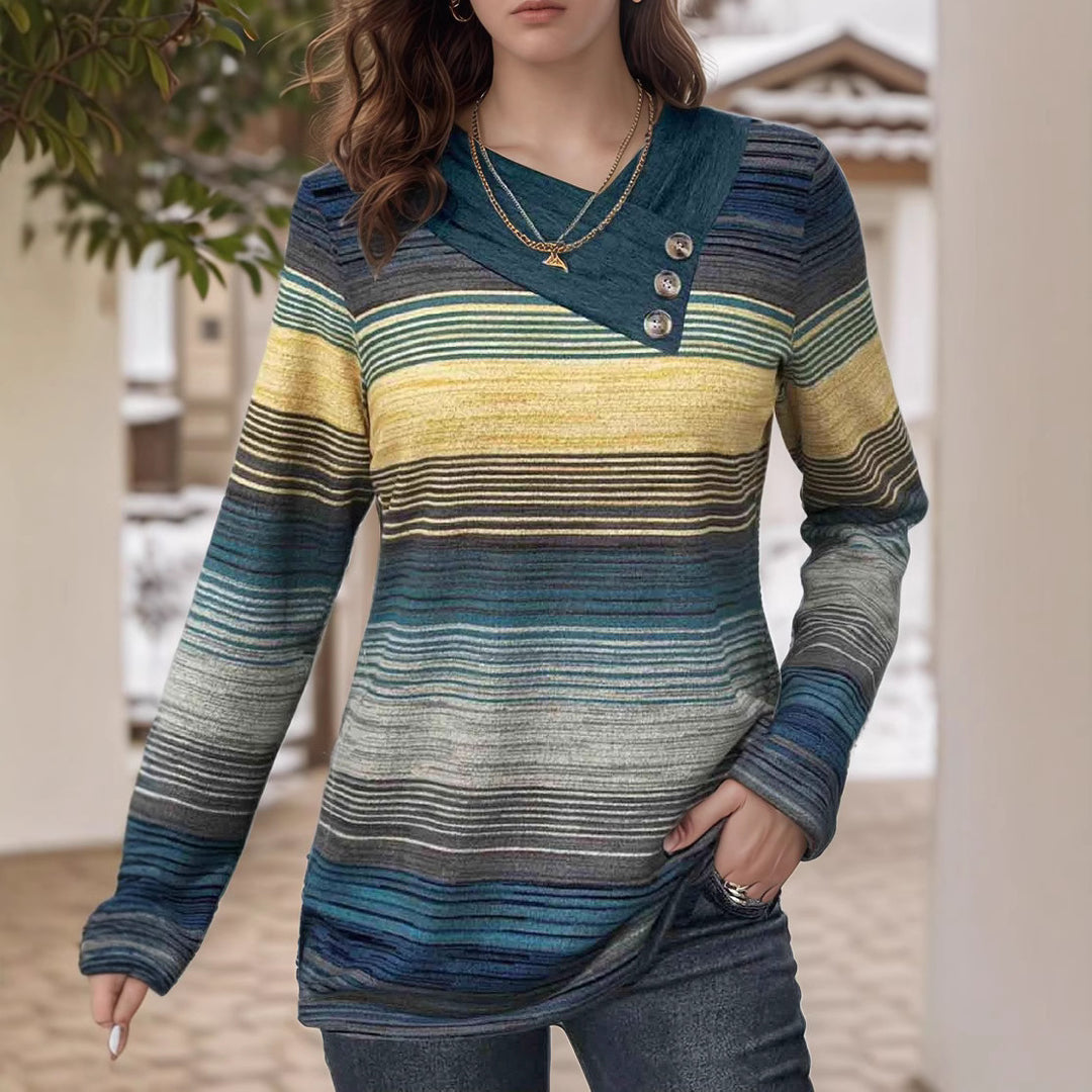 Damen elegantes Langarmshirt mit modernem Streifenmuster und Knopfdetails EB