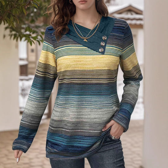 Damen elegantes Langarmshirt mit modernem Streifenmuster und Knopfdetails EB