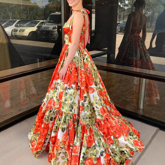 Damen Festliches Maxikleid mit floralen Rüschendetails und schwingendem Rock EB