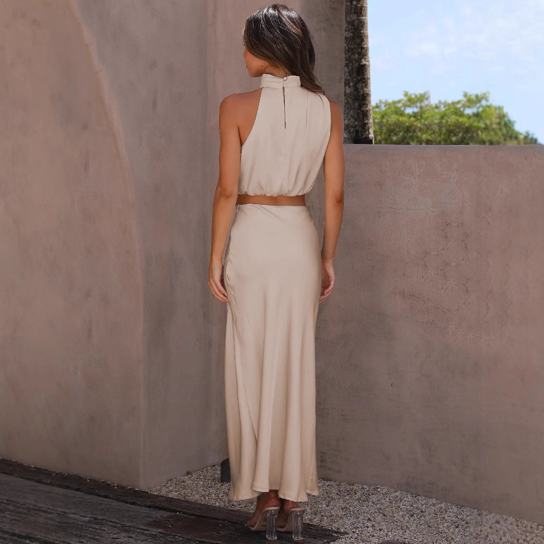 Damen Elegantes Maxikleid mit asymmetrischem Kragen und fließendem Schnitt EB