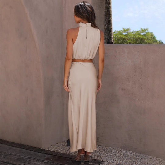 Damen Elegantes Maxikleid mit asymmetrischem Kragen und fließendem Schnitt EB