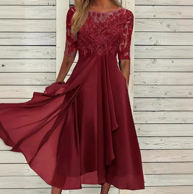 Damen nan V-Ausschnitt Chiffon-Midikleid mit besticktem Bustier, transparenten dreiviertel-Ärmeln und asymmetrischem Lagenrock EB