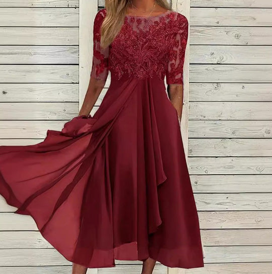 Damen nan V-Ausschnitt Chiffon-Midikleid mit besticktem Bustier, transparenten dreiviertel-Ärmeln und asymmetrischem Lagenrock EB