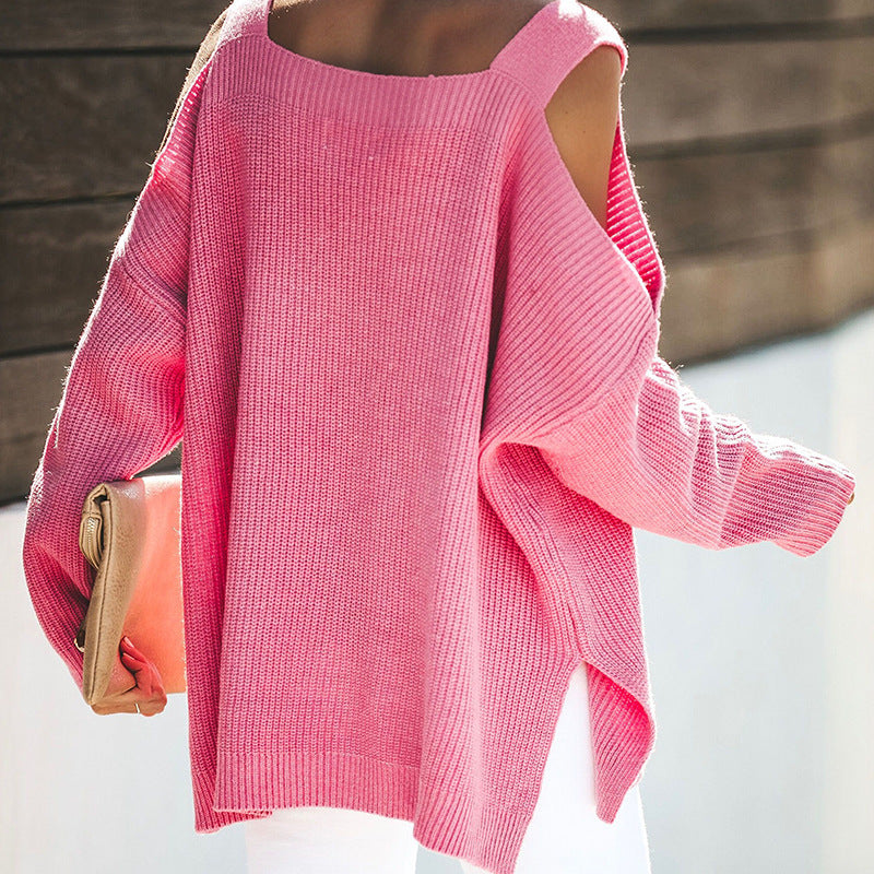 Damen lässiger Strickpullover mit offenen Schultern und großzügigem Schnitt EB