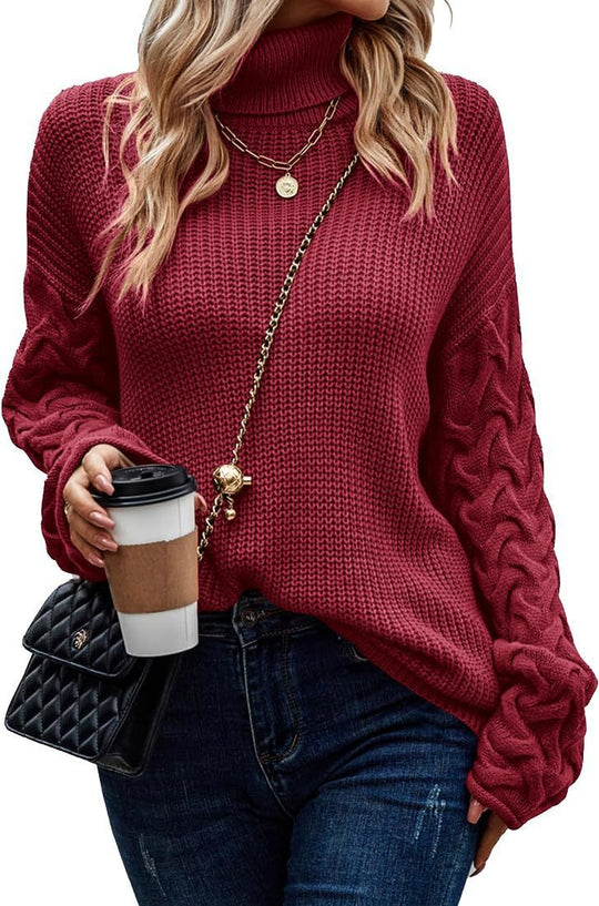 Damen Grobstrickpullover mit modernem Zopfdesign und hohem Kragen EB