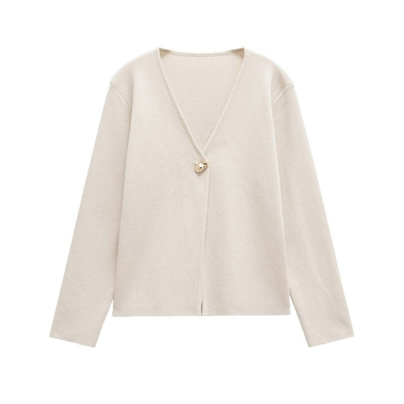 Damen schicke Strickjacke mit elegantem V-Ausschnitt und dekorativem Knopf EB