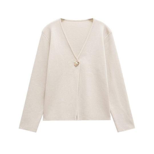 Damen schicke Strickjacke mit elegantem V-Ausschnitt und dekorativem Knopf EB