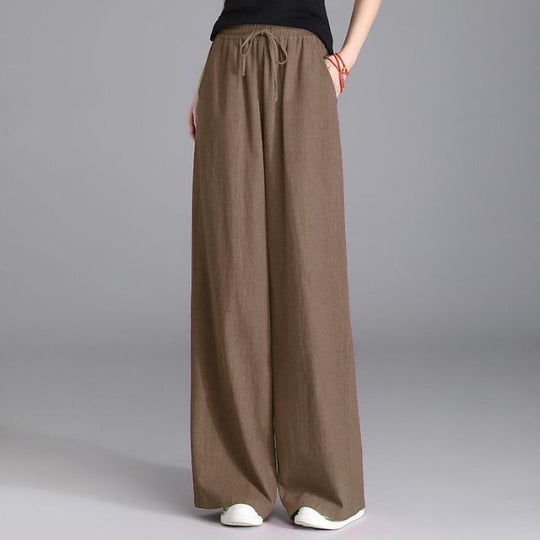 Damen nan weite Palazzo Leinenhose mit elastischem Kordelbund und Seitentaschen EB