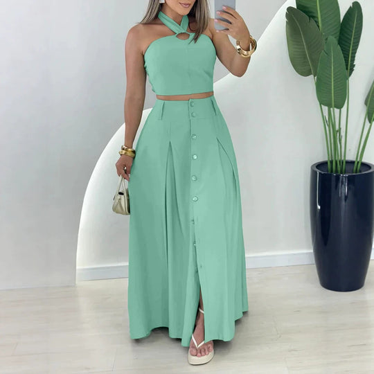 Damen elegantes Crop-Top und Maxirock-Set mit Knopfleiste und Schlitz EB